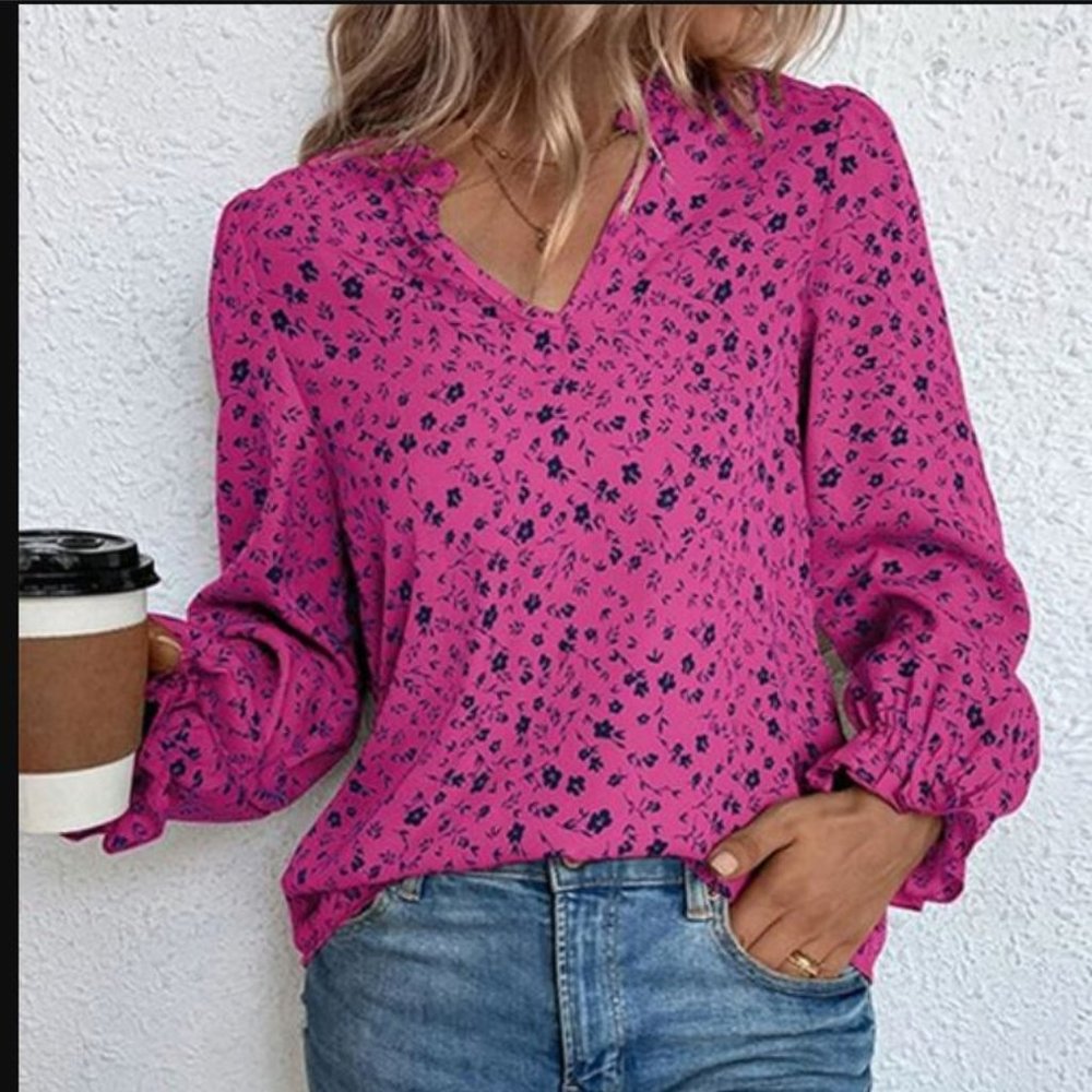 Rose Red Floral Ruffle-Trim Puff-Sleeve Top